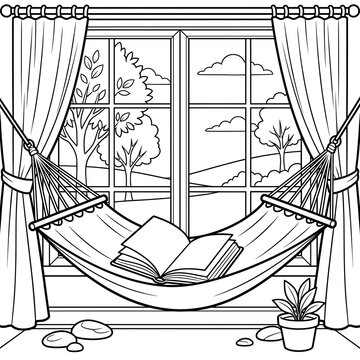 Relaxing indoor hammock setup featuring open book beside large window overlooking peaceful summer landscape view with positioned before window curtains potted plant
