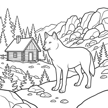 Lone wolf standing near rustic log cabin within mountainous forest landscape for coloring book page with presented black white outline illustration