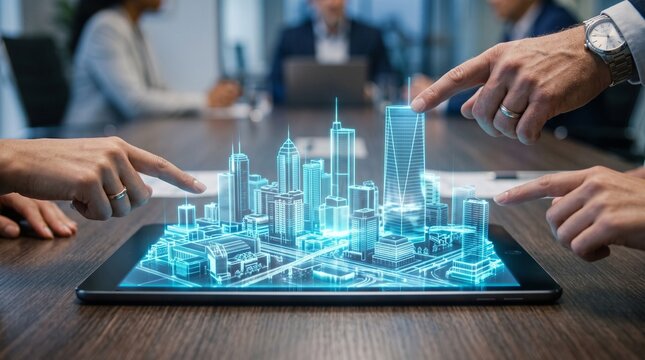 Business professionals interacting with 3D digital city model hologram