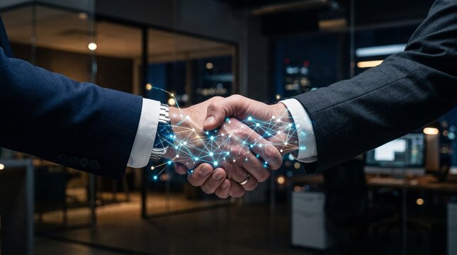Professional Handshake with Glowing Digital Data Network Overlay