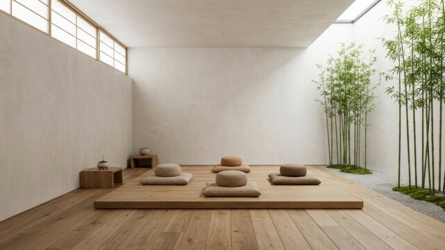 Minimalist Indoor Meditation Room with Bamboo Garden and Oak Platform