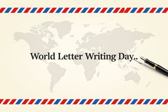 World letter writing day concept with classic airmail border and fountain pen on world map background fountain communication correspondence stationery envelope