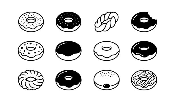 Sweet Glazed Donut and Pastry Line Icon Set Featuring Frosted Sprinkles, Twisted Dough, and Bitten Doughnuts for Bakery Menus and Cafe Branding Designs