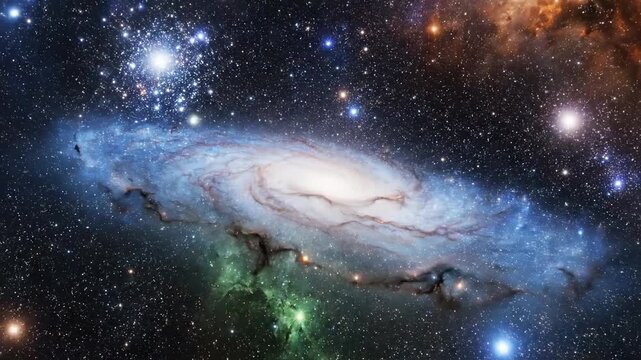 A massive spiral galaxy glows brilliantly amidst the vastness of the infinite cosmos while radiant stars and colorful nebular clouds shine across the deep velvet expanse of the distant dark