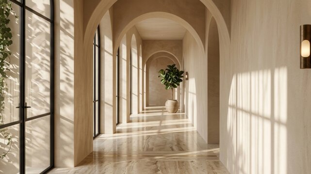 Luxury Hallway with Arched Openings and Limestone Walls