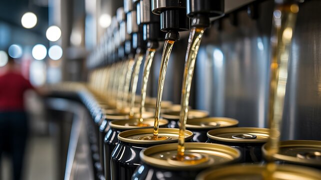 Automated beverage can filling process on industrial production line in modern manufacturing factory