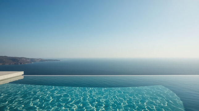 Infinity pool overlooking calm ocean horizon with clear blue sky and minimalist terrace