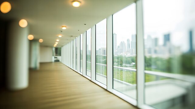 Modern office hallway with large windows and bright contemporary corporate interior