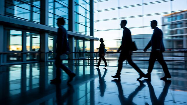  Business professionals walking through modern office building representing corporate workplace