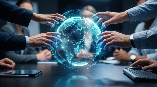 Diverse Professionals Collaborate on a Glowing Digital Globe Concept
