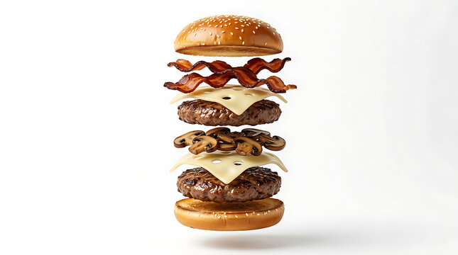 High speed shot of exploded mushroom swiss burger on white background