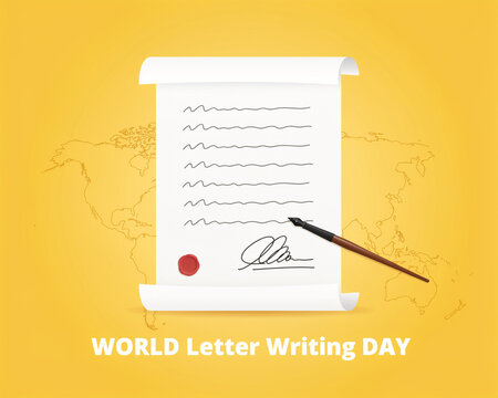 World letter writing day concept with scroll paper and ink pen signature communication correspondence document calligraphy stationery celebration greeting