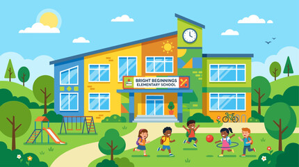 Fototapeta premium A vibrant flat design illustration of an elementary school building, featuring a cheerful and inviting facade that symbolizes learning and childhood education. 