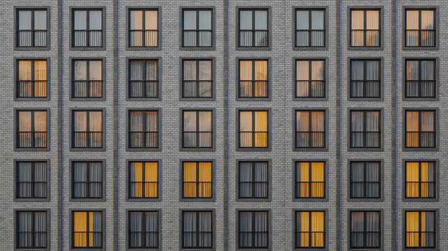  Residential apartment building facade with repeating windows and modern urban architecture