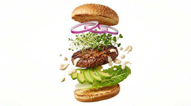 Exploded vegan burger layers flying on white background
