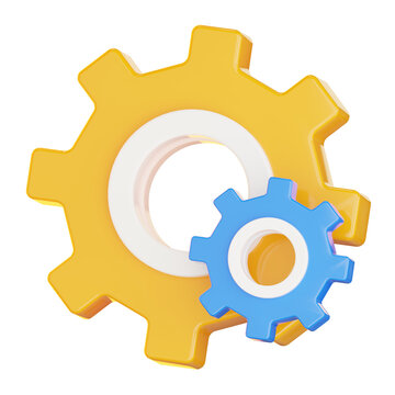 3D rendering yellow and blue gear icon for options and settings preference UI