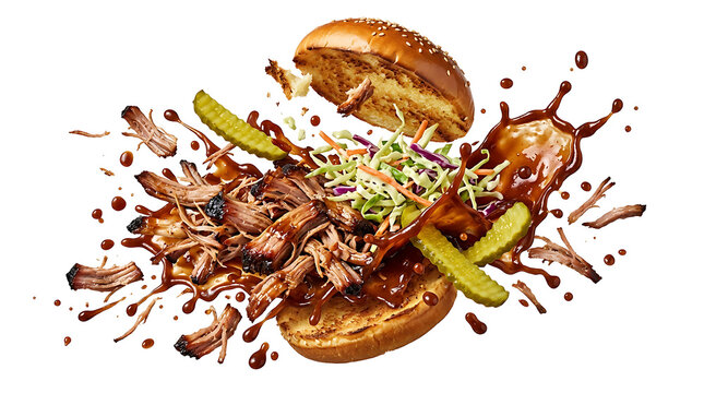 Exploded pulled pork burger flying apart on white background
