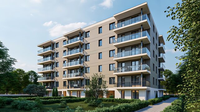 Modern residential apartment building with contemporary architecture and luxury urban living