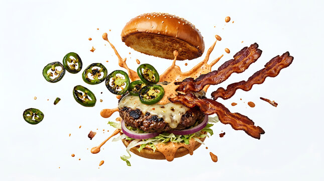 Exploded burger layers with flying jalapeno and bacon on white background