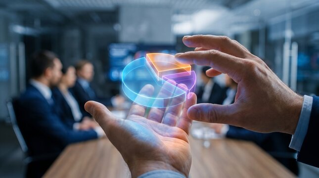 Hands Interacting with 3D Holographic Chart in Business Boardroom