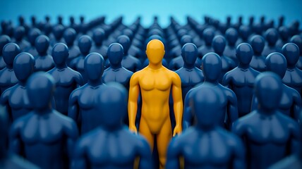 Obraz premium Golden human figure standing out from the crowd representing leadership and individuality