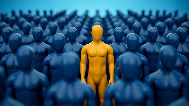 Golden human figure standing out from the crowd representing leadership and individuality