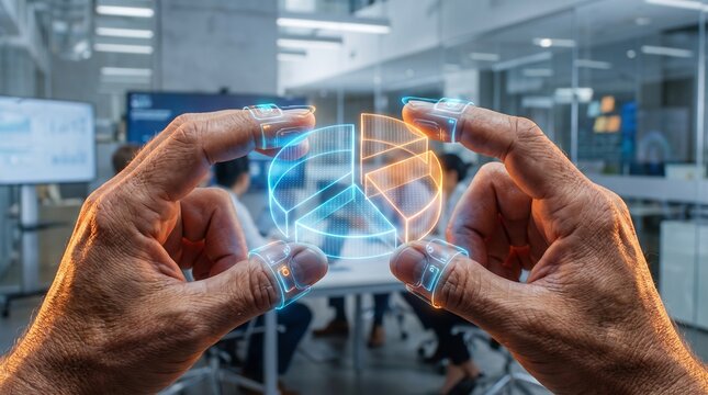 Hand holding glowing pie chart hologram in modern office meeting