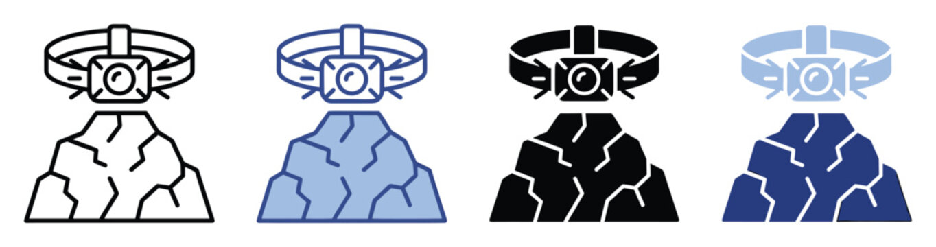 Headlamp on rocky mountain icon symbolizing adventure and outdoor exploration for various designs