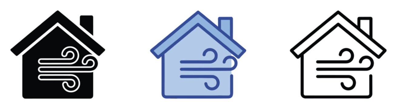 Set of house icons depicting ventilation and climate control systems for residential energy management.