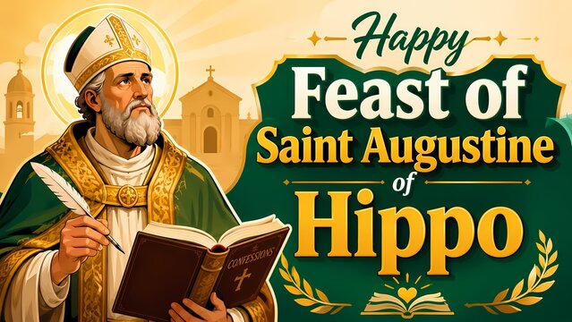 Happy Feast of Saint Augustine of Hippo banner background with Catholic bishop illustration, book, and quill