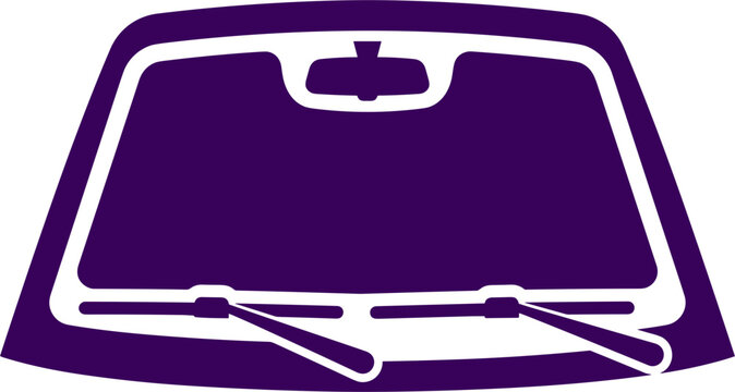 Minimalist purple car windshield graphic icon featuring integrated wipers and rearview mirror silhouette design with against white background
