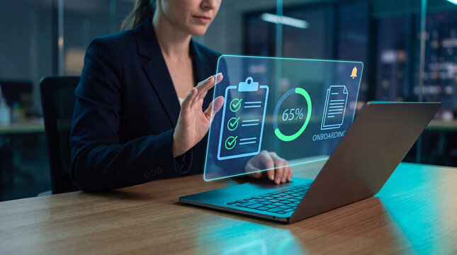 businesswoman holds glowing onboarding interface above laptop to track new hire progress, display training checklist, show document status, confirm orientation steps, and manage hr workflow