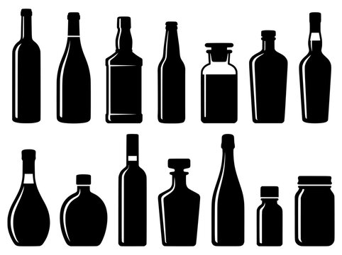Alcohol bottle silhouettes set, 14 black glass bottle icons for bar and liquor store menus, beverage packaging vector collection