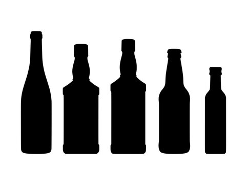 Alcohol bottle silhouettes set, black liquor and wine glass bottle outlines, 5 beverage container vector icons for bar and restaurant menus