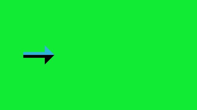 Blue gradient arrow animation on green screen background, for easy chroma, key compositing pointer direction