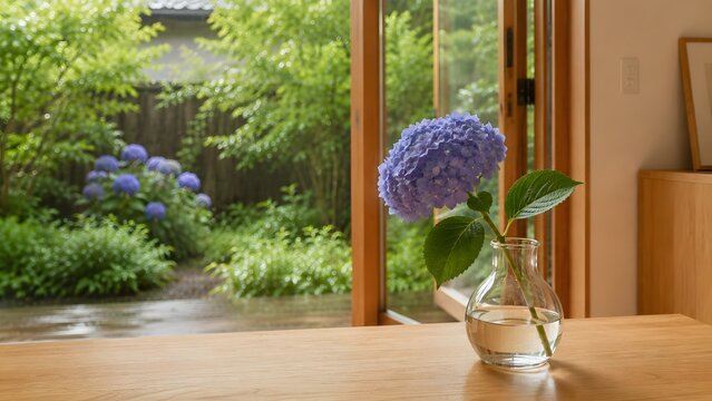 Purple hydrangea in glass vase on windowsill with rainy garden view