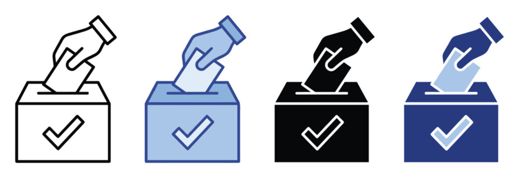 Set of voting icons showing hand casting ballot into box with checkmark