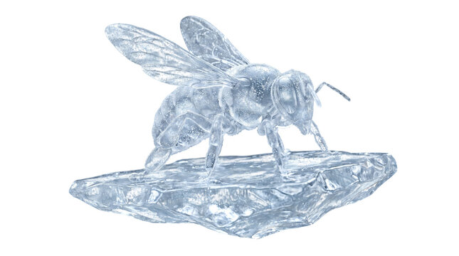 A frozen bee made of ice standing on an ice block isolated on transparent background