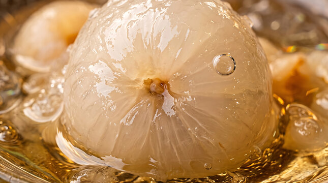 Macro Close-Up of Juicy Peeled Whole Lychee Fruit Submerged in Sweet Clear Syrup with Ice