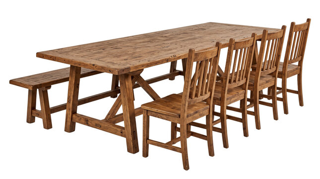 Rustic wooden dining table set with chairs and bench, farmhouse style solid wood furniture, reclaimed timber kitchen table isolated on white background