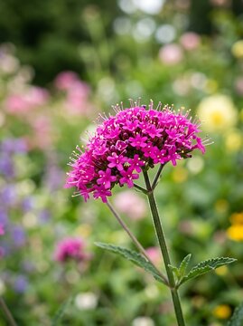 Vibrant pink centranthus ruber flower in a beautiful lush garden setting.
