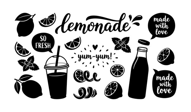 Lemonade beverage label silhouette icon set with lemons, slices, mint leaves, bottle, cup, straw, and playful typography