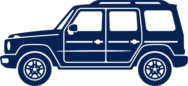 Minimalist dark blue side profile silhouette of a rugged boxy off road utility vehicle with vector icon representing solid white background with flat vector