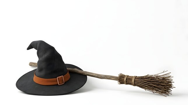 3D render of a black pointed witch hat with an orange leather buckle band resting on a rustic wooden broomstick, isolated on a plain white background for Halloween themes.