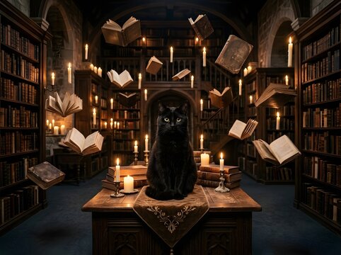 A black cat sits on a wooden table in a dark, magical library surrounded by levitating open books and floating candles amidst rows of tall bookshelves filled with old volumes.