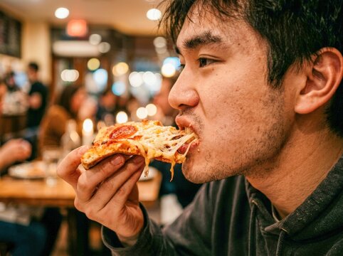 Young man enjoying a slice of pizza.
