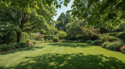 Obraz premium Family friendly garden with open green lawn and shaded trees creating calm summer atmosphere