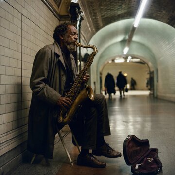Elderly black man playing saxophone in tiled subway corridor. Street musician performing jazz music in underground station.