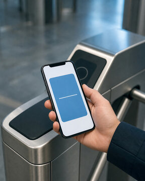 Hand holding smartphone for contactless payment at turnstile gate