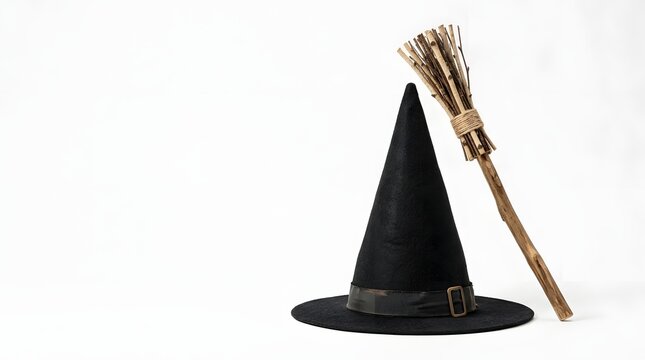 Black pointed witch hat with leather strap and buckle positioned next to a rustic handmade twig broomstick isolated on a white background with copy space for Halloween design.